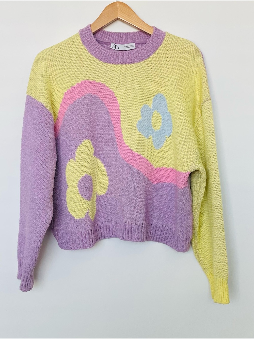 Zara Lavender, Yellow & Pink Floral Colorblock Crewneck Sweater